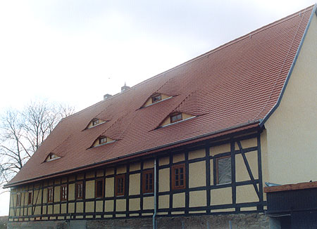 Fertiggestellte Dachfläche · Biberschwanzziegel · Format 15 x 38 mit Fledermausgauben